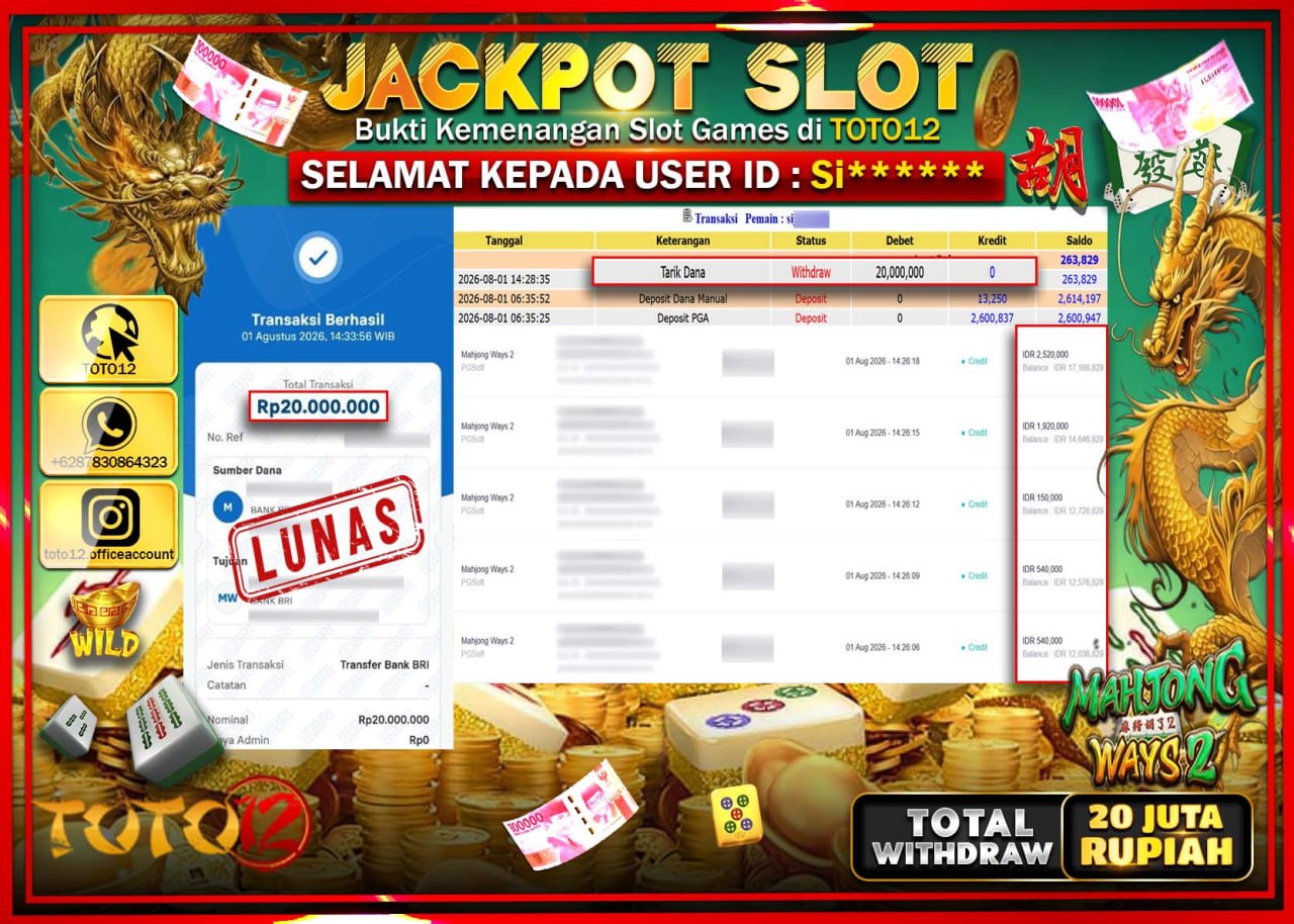 HANYA DI TOTO12 JP PASTI DI BAYAR LUNAS DAN CEPAT!!!!!! JACKPOT SLOT GAME (MAHJONG WAYS 2) Rp20.000.000!!!!
