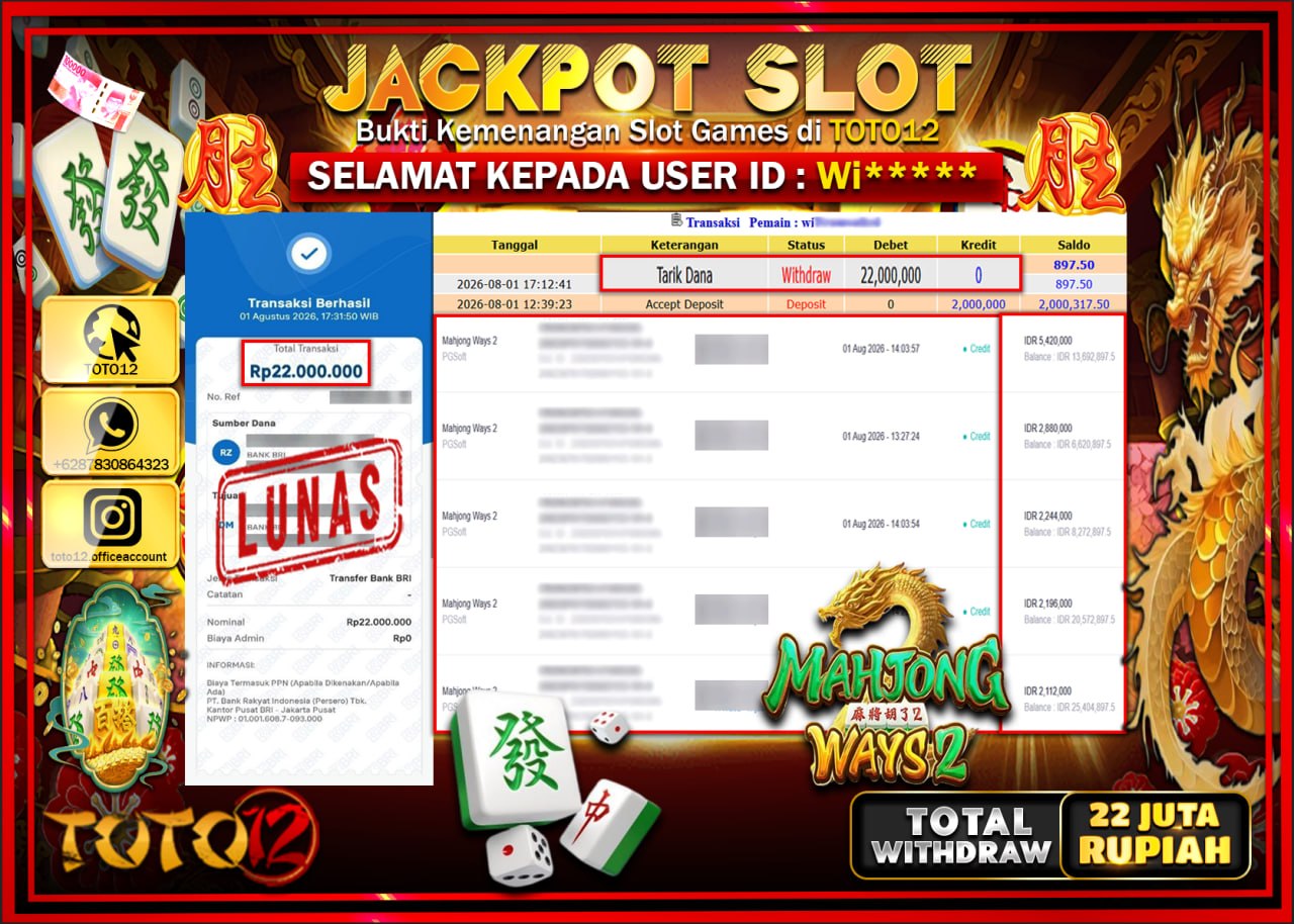 HANYA DI TOTO12 JP PASTI DI BAYAR LUNAS DAN CEPAT!!!!!! JACKPOT SLOT GAME (MAHJONG WAYS 2) Rp22.000.000!!!!