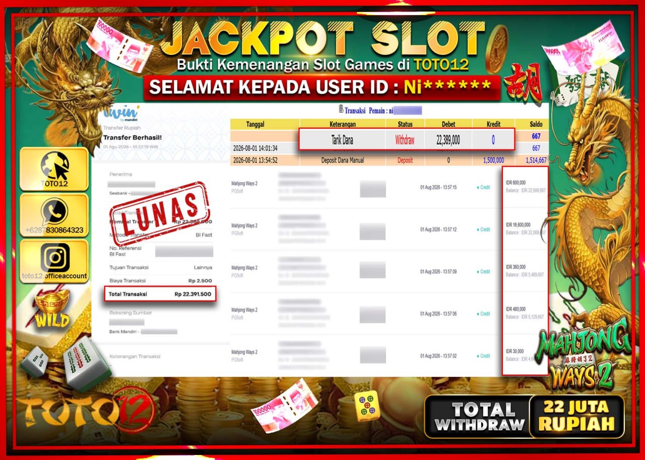 HANYA DI TOTO12 JP PASTI DI BAYAR LUNAS DAN CEPAT!!!!!! JACKPOT SLOT GAME (MAHJONG WAYS 2) Rp22.389.000!!!!