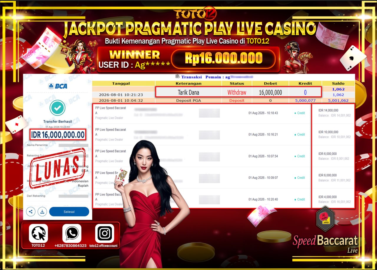 HANYA DI TOTO12 JP PASTI DI BAYAR LUNAS DAN CEPAT!!!!!! JACKPOT PRAGMATIC PLAY LIVE GAME CASINO (PP LIVE SPEED BACCARAT A) Rp16.000.000!!!!