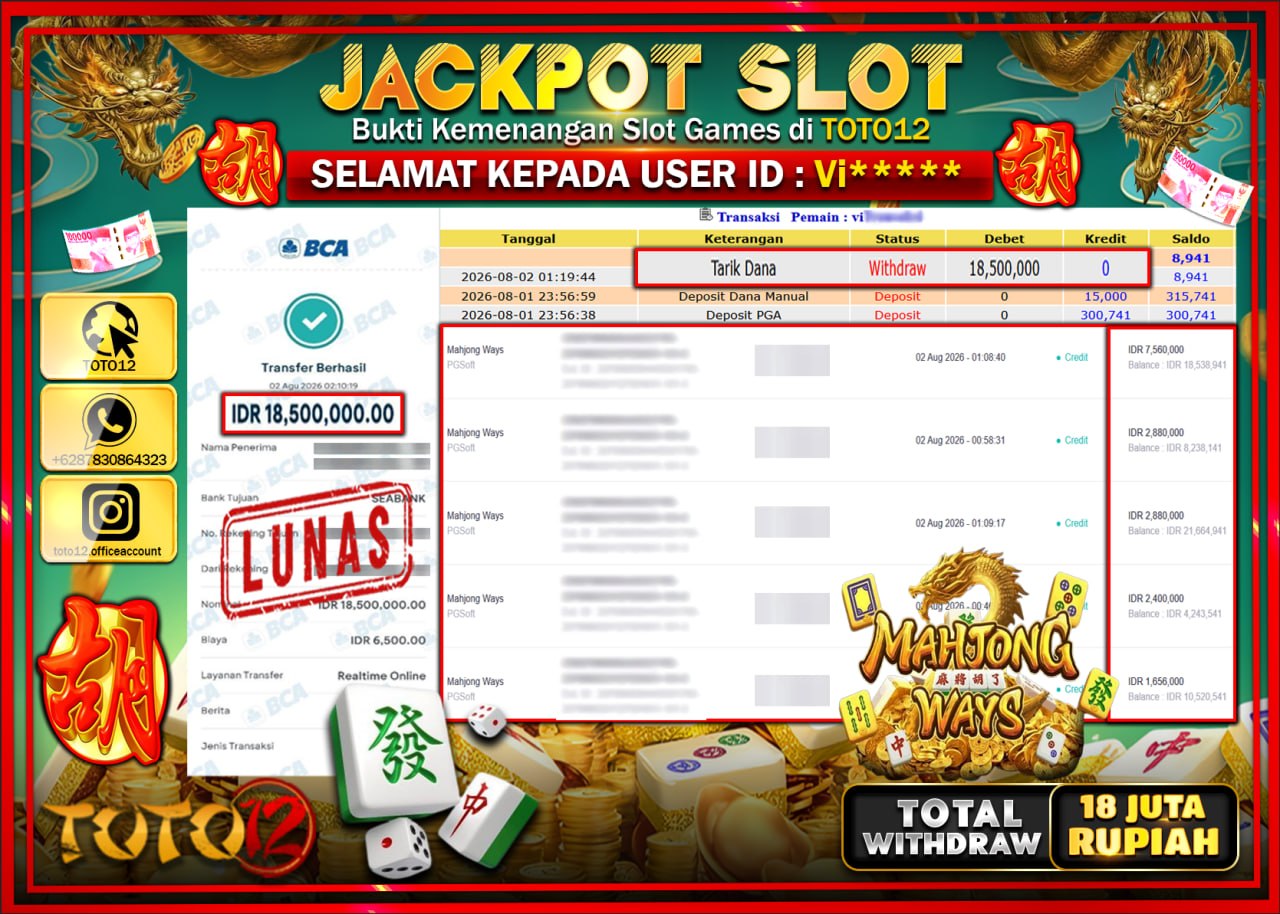 HANYA DI TOTO12 JP PASTI DI BAYAR LUNAS DAN CEPAT!!!!!! JACKPOT SLOT GAME (MAHJONG WAYS) Rp18.500.000!!!!