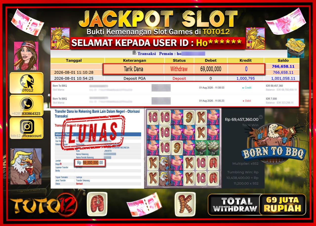 HANYA DI TOTO12 JP PASTI DI BAYAR LUNAS DAN CEPAT!!!!!! JACKPOT SLOT GAME (BORN TO BBQ) Rp69.000.000!!!!