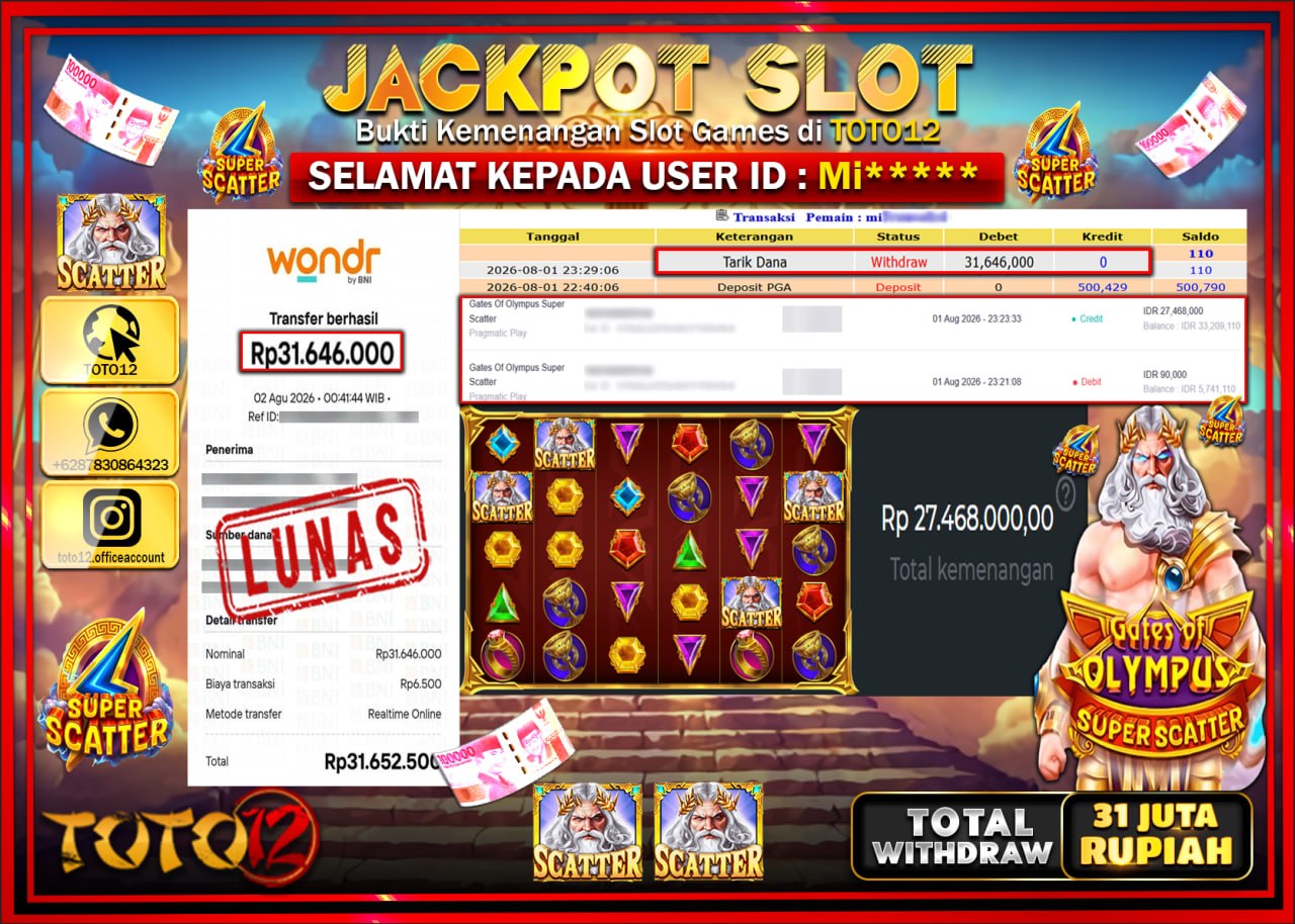 HANYA DI TOTO12 JP PASTI DI BAYAR LUNAS DAN CEPAT!!!!!! JACKPOT SLOT GAME (GATES OF OLYMPUS SUPER SCATTER) Rp31.646.000!!!!
