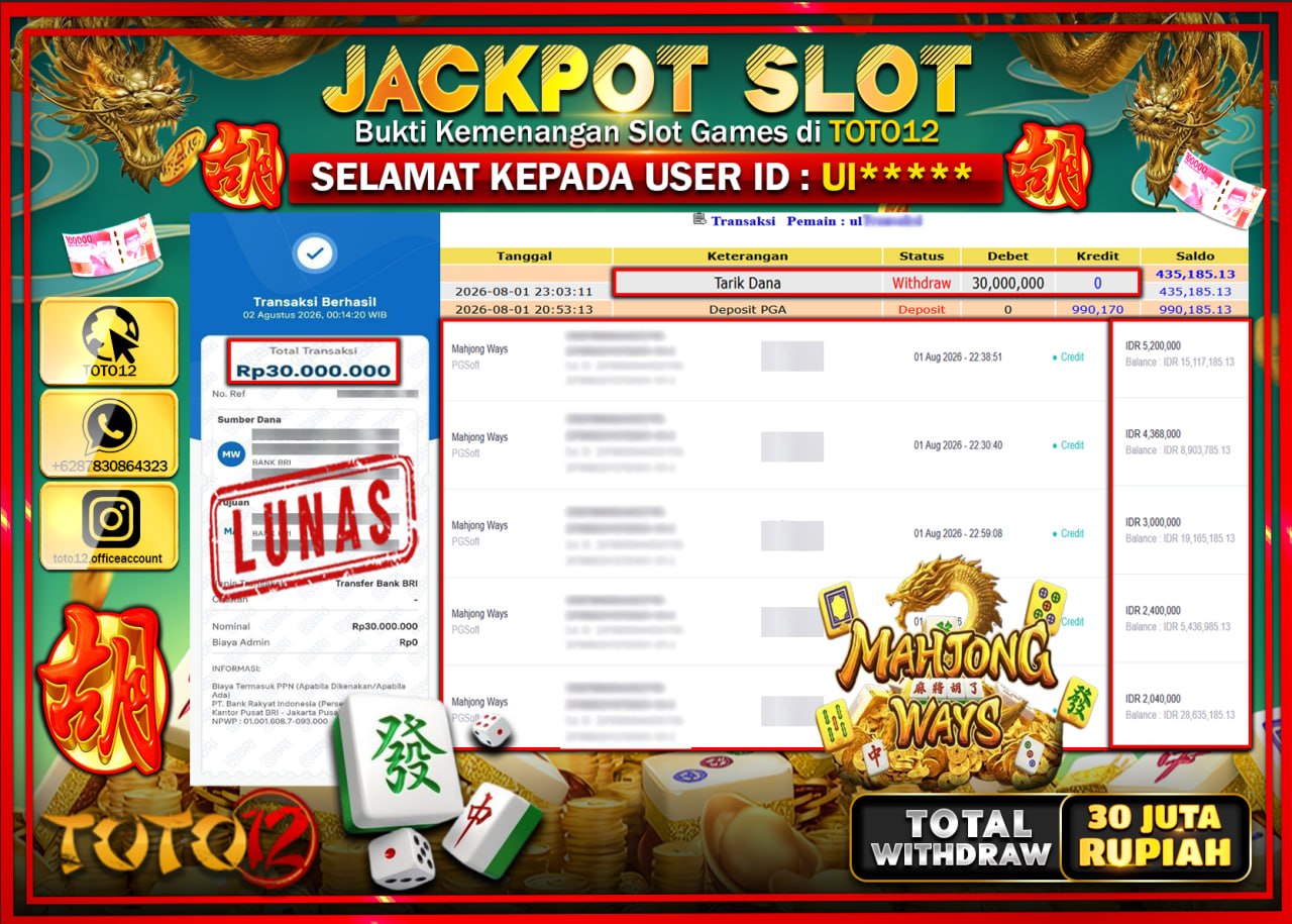 HANYA DI TOTO12 JP PASTI DI BAYAR LUNAS DAN CEPAT!!!!!! JACKPOT SLOT GAME (MAHJONG WAYS) Rp30.000.000!!!!