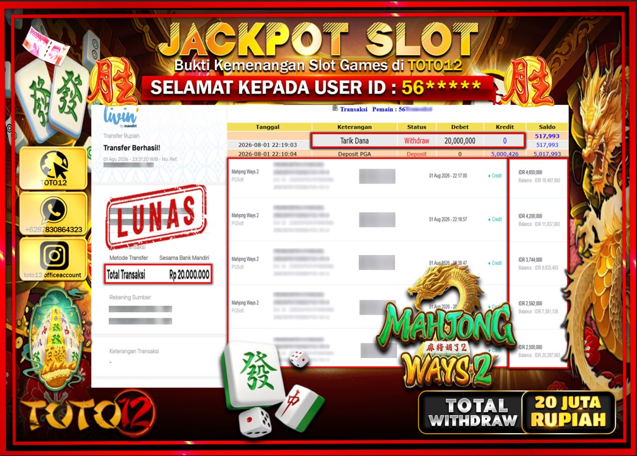 HANYA DI TOTO12 JP PASTI DI BAYAR LUNAS DAN CEPAT!!!!!! JACKPOT SLOT GAME (MAHJONG WAYS 2) Rp20.000.000!!!!