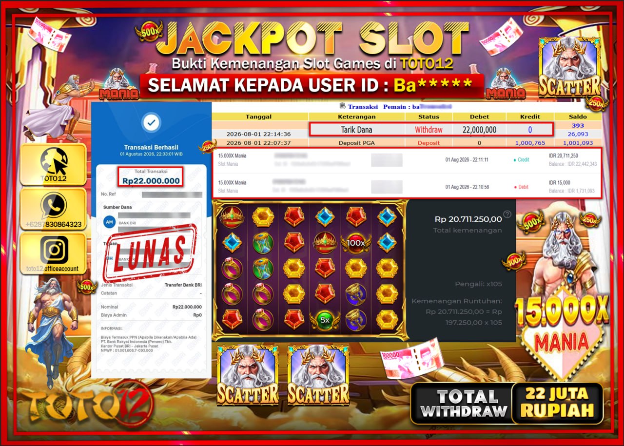 HANYA DI TOTO12 JP PASTI DI BAYAR LUNAS DAN CEPAT!!!!!! JACKPOT SLOT GAME (15.000 X MANIA) Rp22.000.000!!!!