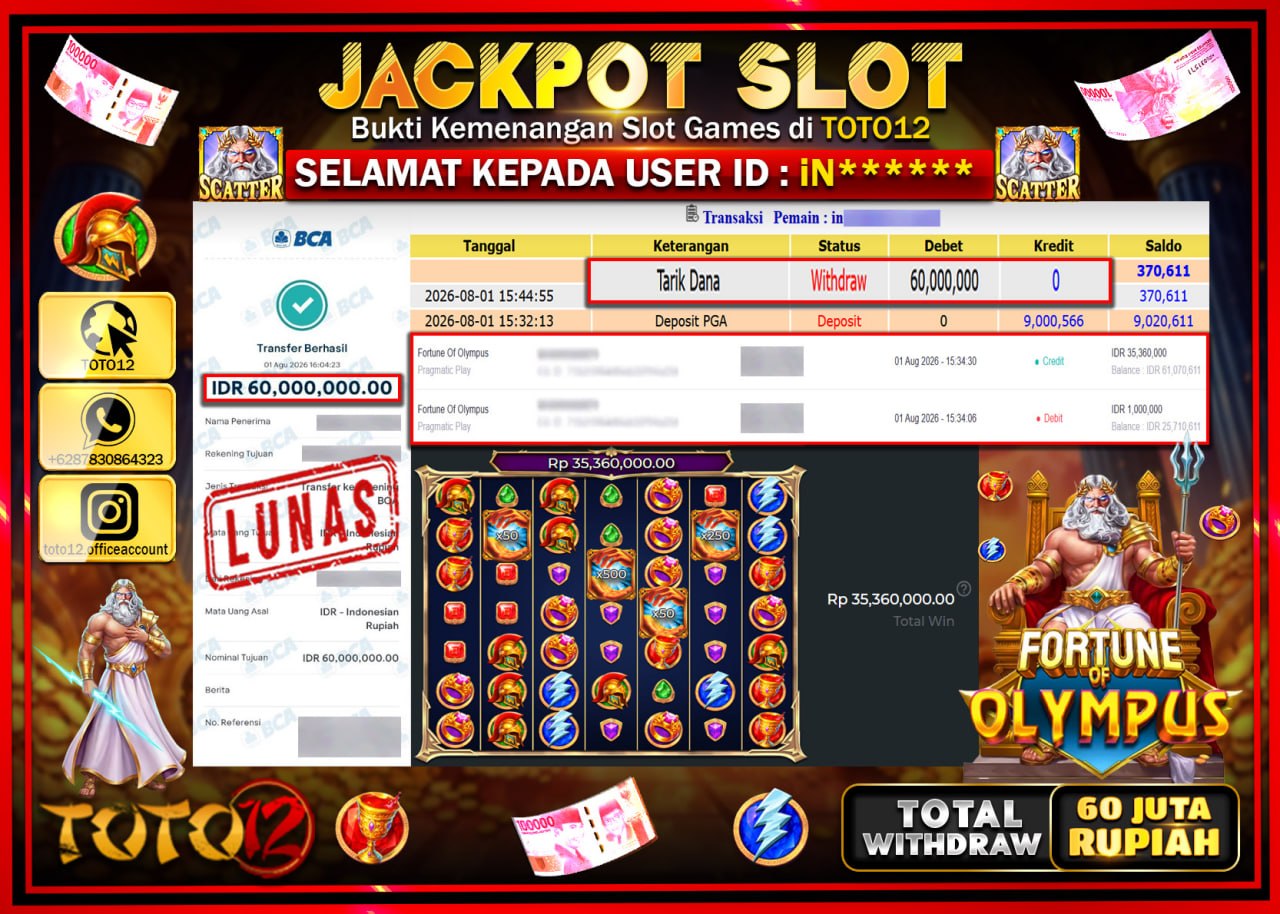HANYA DI TOTO12 JP PASTI DI BAYAR LUNAS DAN CEPAT!!!!!! JACKPOT SLOT GAME (FORTUNE OF OLYMPUS) Rp60.000.000!!!!