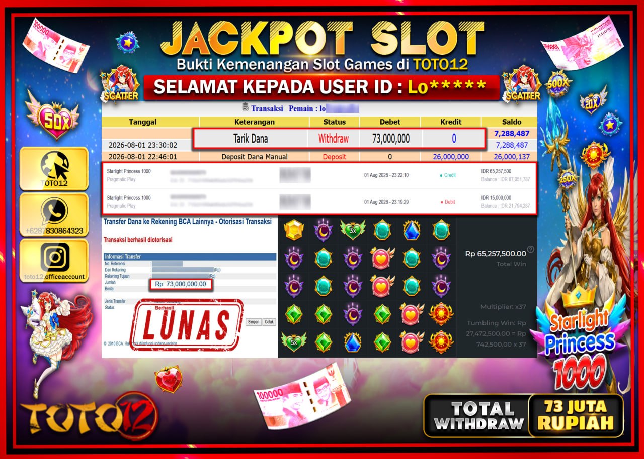 HANYA DI TOTO12 JP PASTI DI BAYAR LUNAS DAN CEPAT!!!!!! JACKPOT SLOT GAME (STARLIGHT PRINCESS 1000) Rp73.000.000!!!!