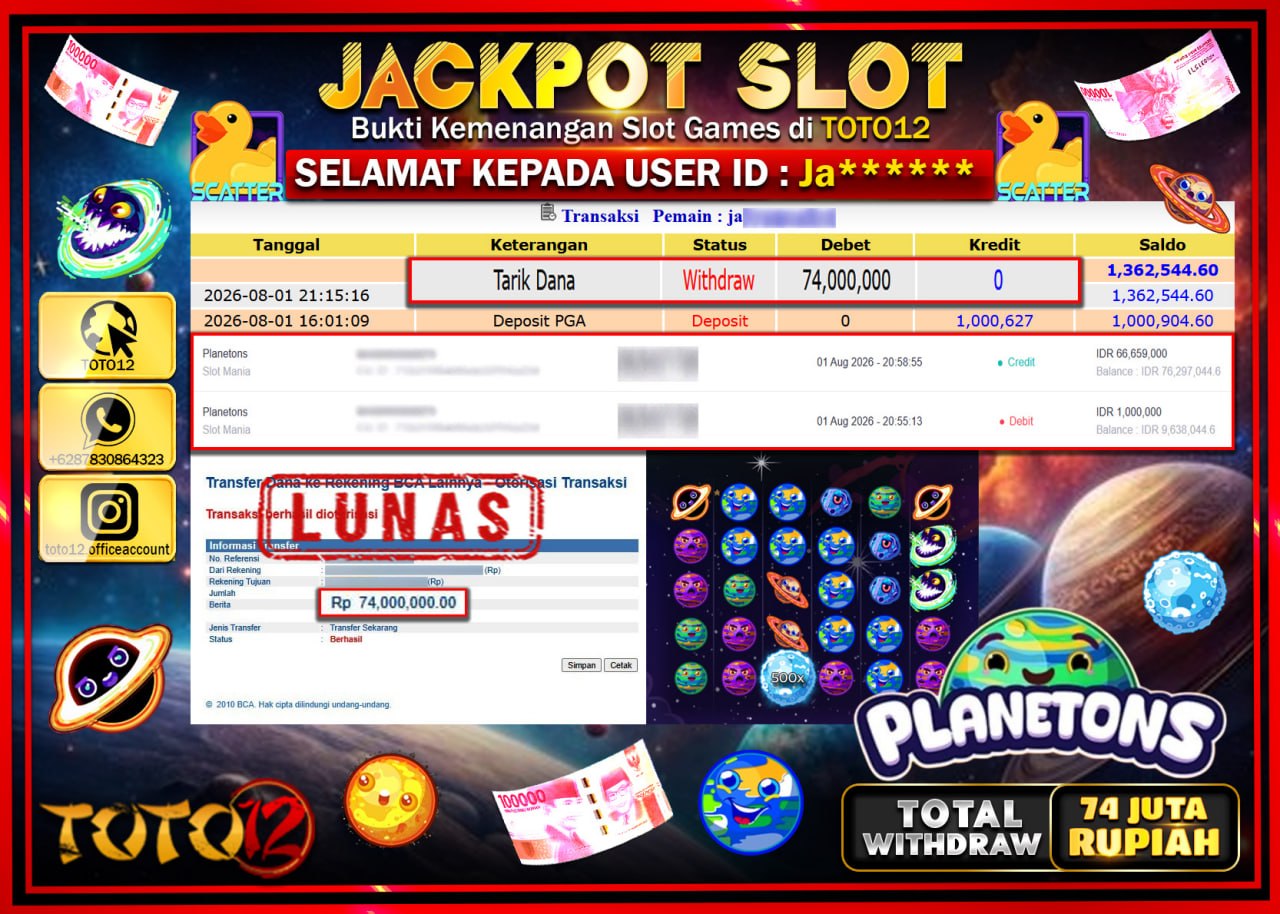 HANYA DI TOTO12 JP PASTI DI BAYAR LUNAS DAN CEPAT!!!!!! JACKPOT SLOT GAME (PLANETONS) Rp74.000.000!!!!