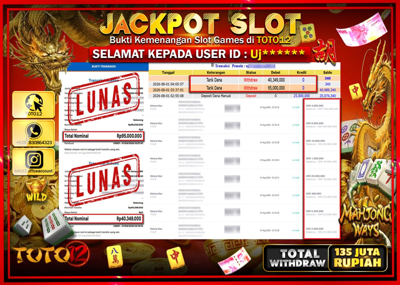 HANYA DI TOTO12 JP PASTI DI BAYAR LUNAS DAN CEPAT!!!!!! JACKPOT SLOT GAME (MAHJONG WAYS) Rp135.349.000!!!!