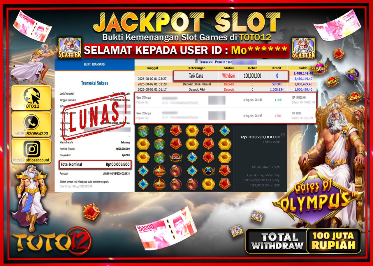 HANYA DI TOTO12 JP PASTI DI BAYAR LUNAS DAN CEPAT!!!!!! JACKPOT SLOT GAME (GATES OF OLYMPUS) Rp100.000.000!!!!