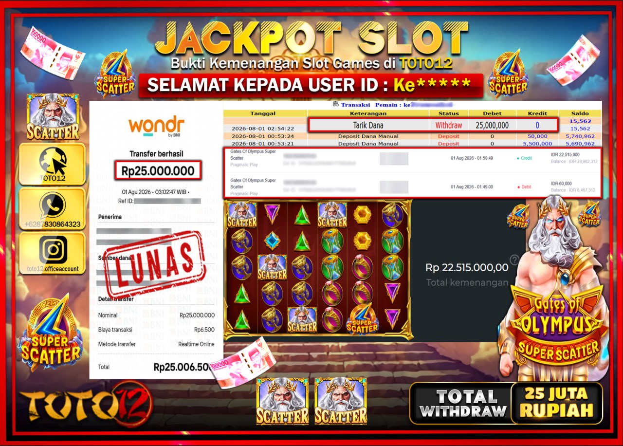 HANYA DI TOTO12 JP PASTI DI BAYAR LUNAS DAN CEPAT!!!!!! JACKPOT SLOT GAME (GATES OF OLYMPUS SUPER SCATTER) Rp25.000.000!!!!
