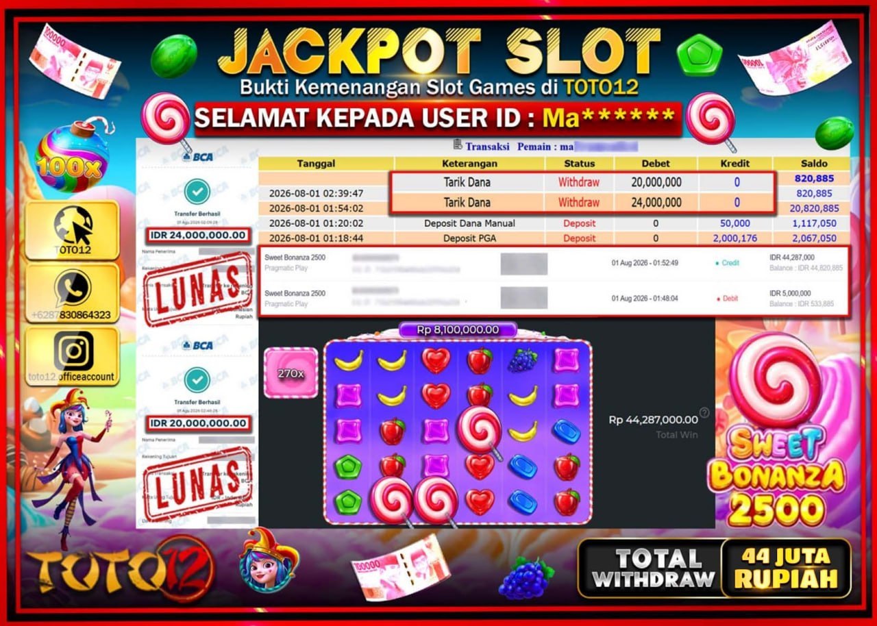 HANYA DI TOTO12 JP PASTI DI BAYAR LUNAS DAN CEPAT!!!!!! JACKPOT SLOT GAME (SWEET BONANZA 2500) Rp44.000.000!!!!