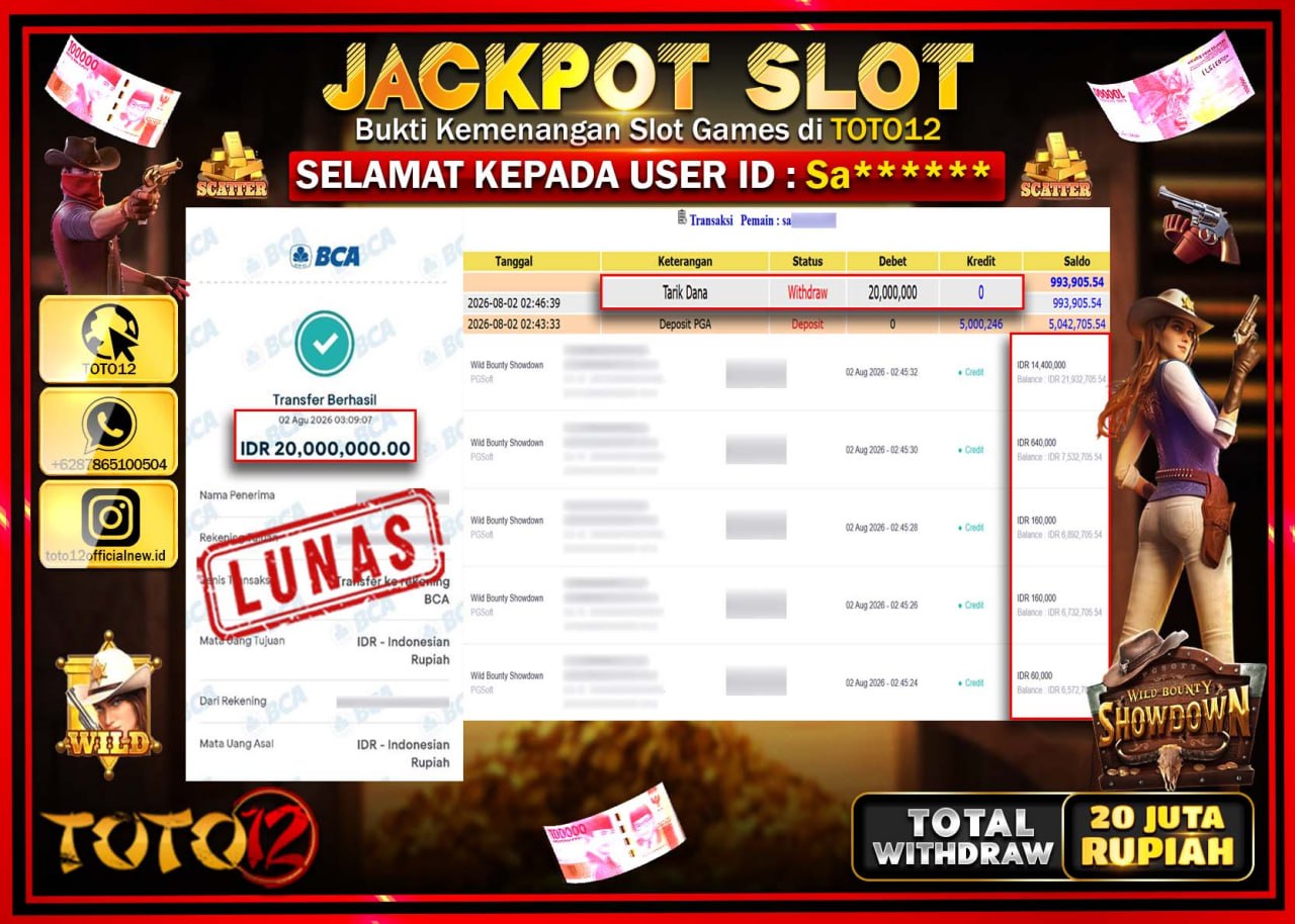 HANYA DI TOTO12 JP PASTI DI BAYAR LUNAS DAN CEPAT!!!!!! JACKPOT SLOT GAME (WILD BOUNTY SHOWDOWN) Rp20.000.000!!!!