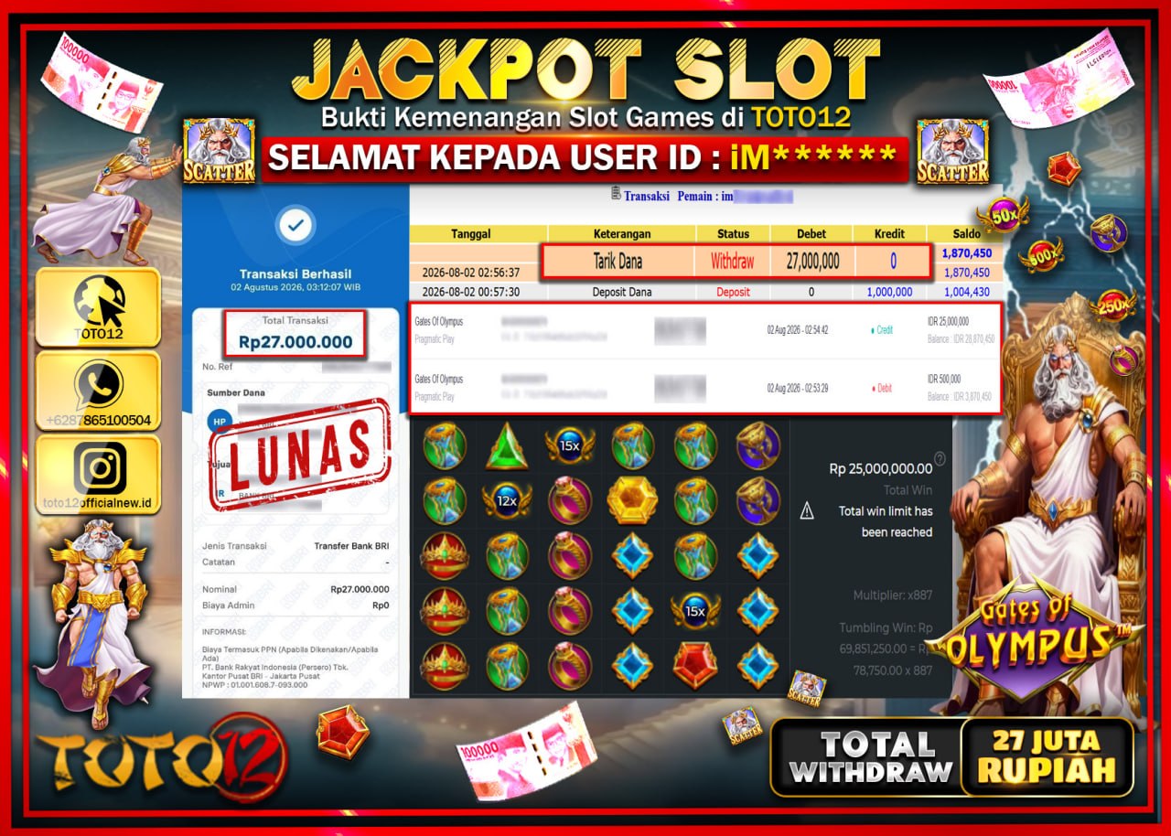 HANYA DI TOTO12 JP PASTI DI BAYAR LUNAS DAN CEPAT!!!!!! JACKPOT SLOT GAME (GATES OF OLYMPUS) Rp27.000.000!!!!