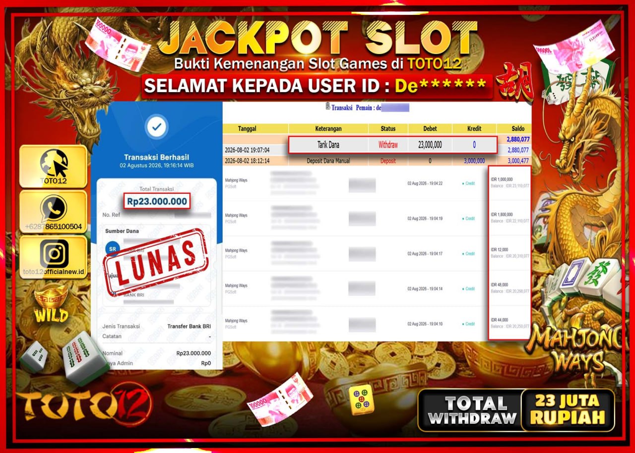 HANYA DI TOTO12 JP PASTI DI BAYAR LUNAS DAN CEPAT!!!!!! JACKPOT SLOT GAME (MAHJONG WAYS) Rp23.000.000!!!!