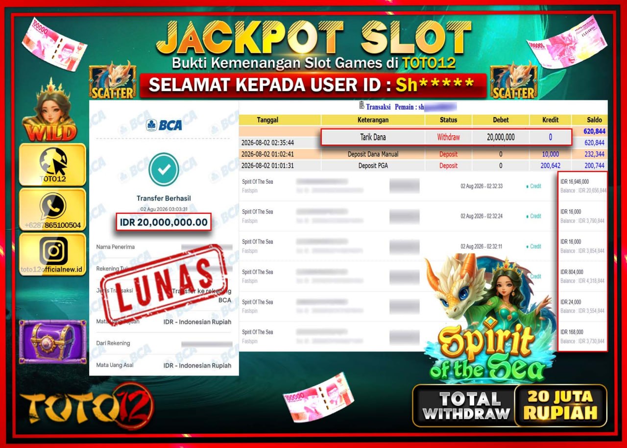 HANYA DI TOTO12 JP PASTI DI BAYAR LUNAS DAN CEPAT!!!!!! JACKPOT SLOT GAME (SPIRIT OF THE SEA) Rp20.000.000!!!!