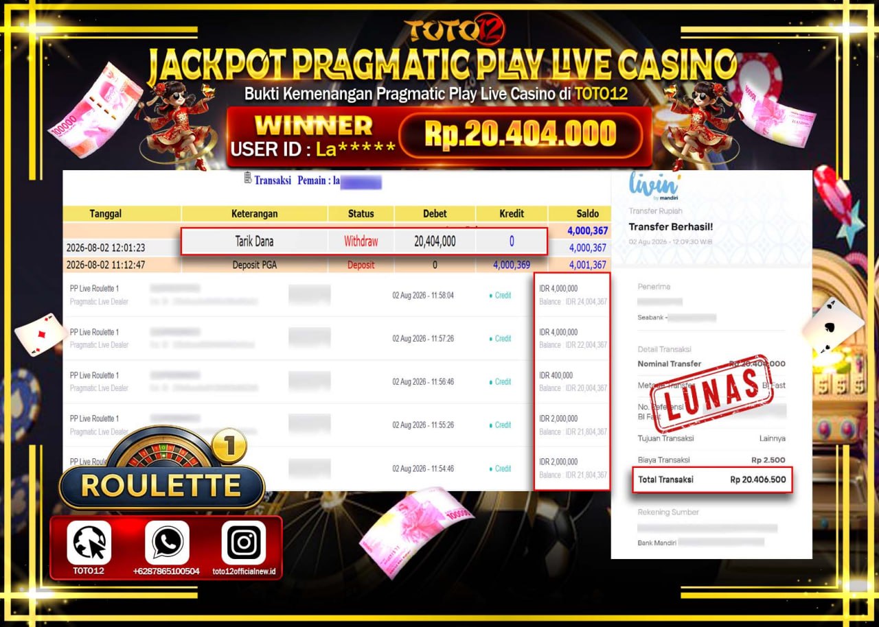 HANYA DI TOTO12 JP PASTI DI BAYAR LUNAS DAN CEPAT!!!!!! JACKPOT PRAGMATIC PLAY LIVE GAME CASINO (PP LIVE ROULETTE 1) Rp20.404.000!!!!
