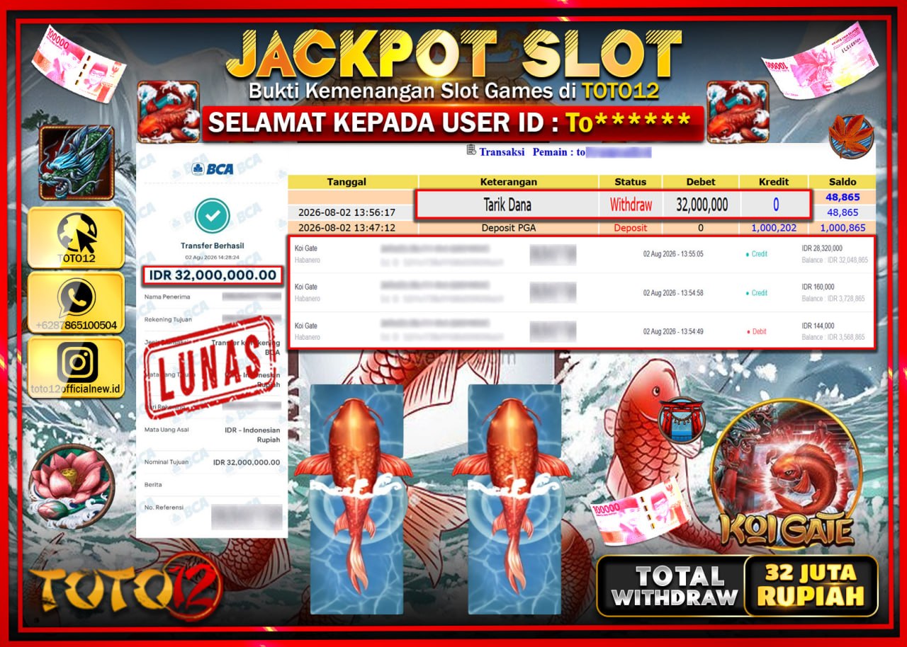 HANYA DI TOTO12 JP PASTI DI BAYAR LUNAS DAN CEPAT!!!!!! JACKPOT SLOT GAME (KOI GATE) Rp32.000.000!!!!