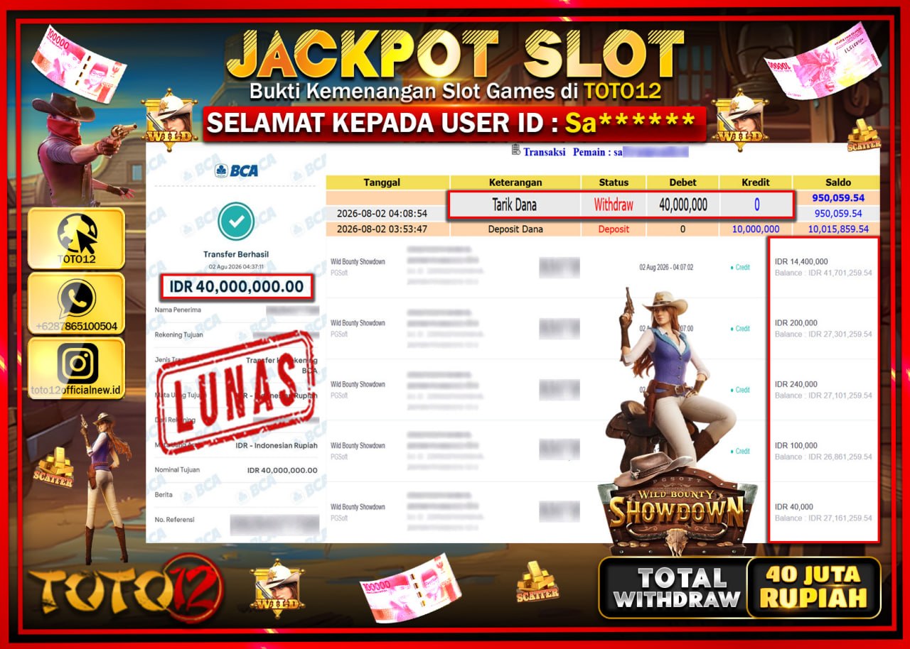 HANYA DI TOTO12 JP PASTI DI BAYAR LUNAS DAN CEPAT!!!!!! JACKPOT SLOT GAME (WILD BOUNTY SHOWDOWN) Rp40.000.000!!!!