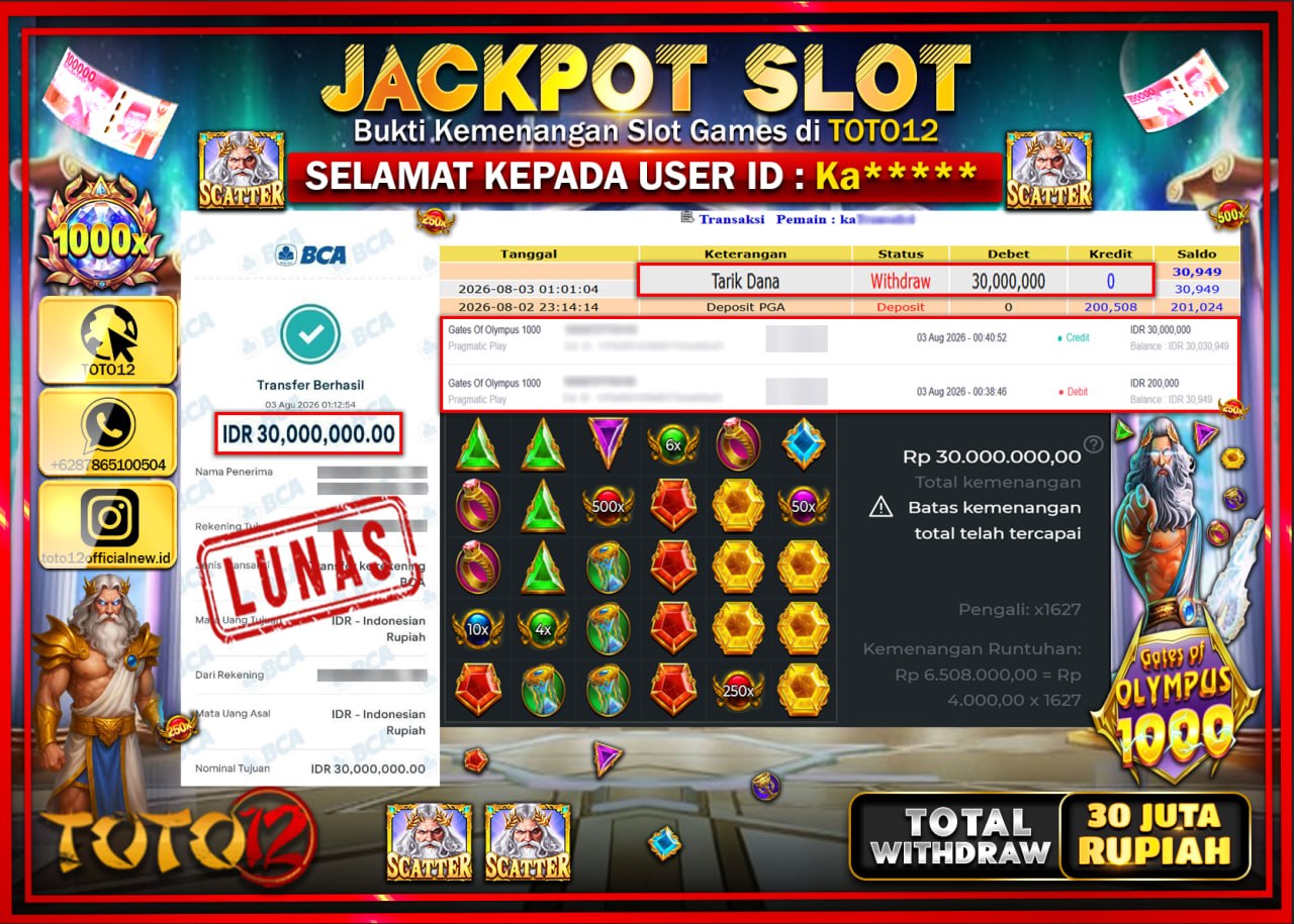HANYA DI TOTO12 JP PASTI DI BAYAR LUNAS DAN CEPAT!!!!!! JACKPOT SLOT GAME (GATES OF OLYMPUS 1000) Rp30.000.000!!!!