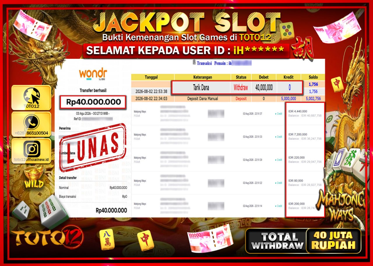 HANYA DI TOTO12 JP PASTI DI BAYAR LUNAS DAN CEPAT!!!!!! JACKPOT SLOT GAME (MAHJONG WAYS) Rp40.000.000!!!!