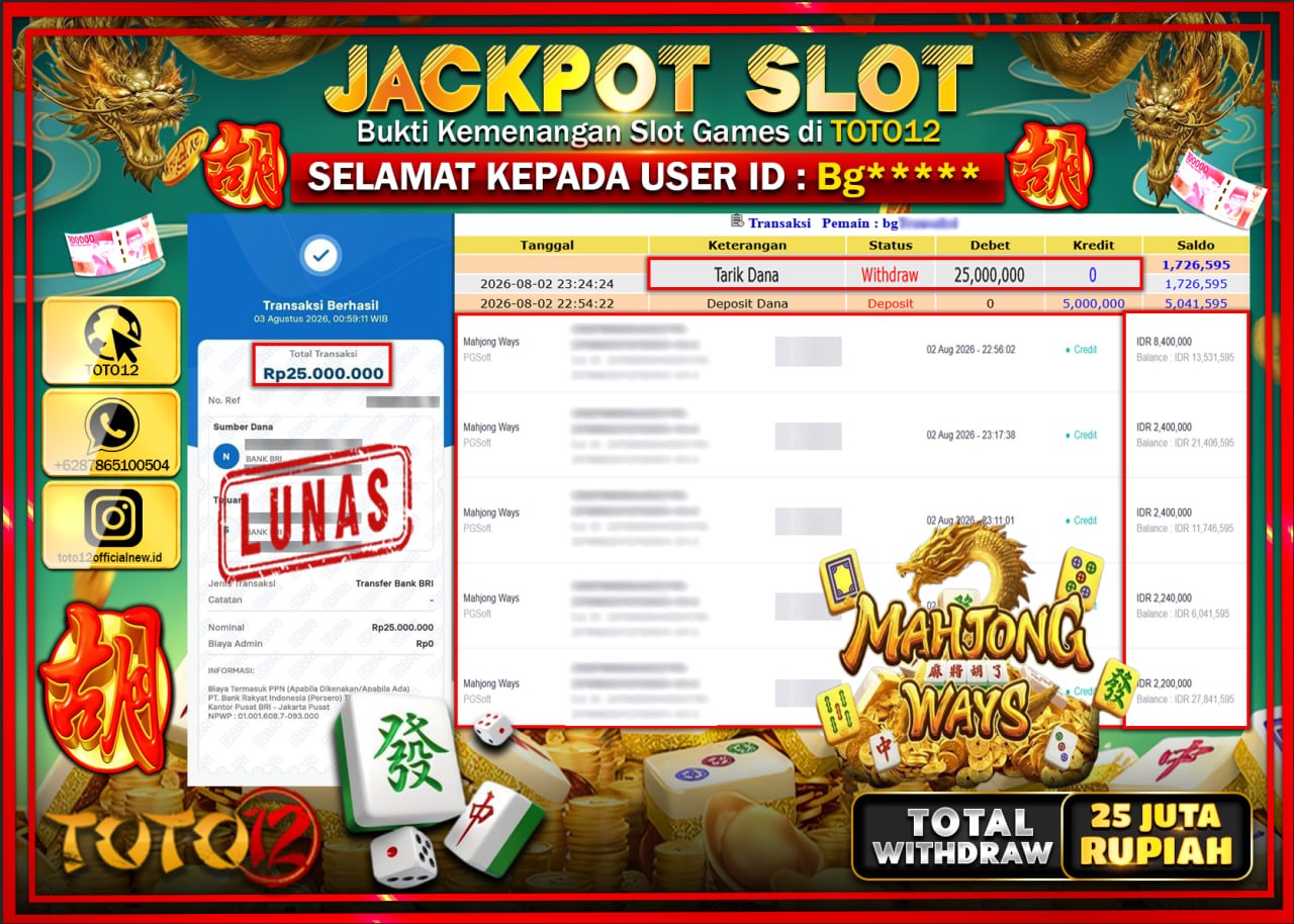 HANYA DI TOTO12 JP PASTI DI BAYAR LUNAS DAN CEPAT!!!!!! JACKPOT SLOT GAME (MAHJONG WAYS) Rp25.000.000!!!!