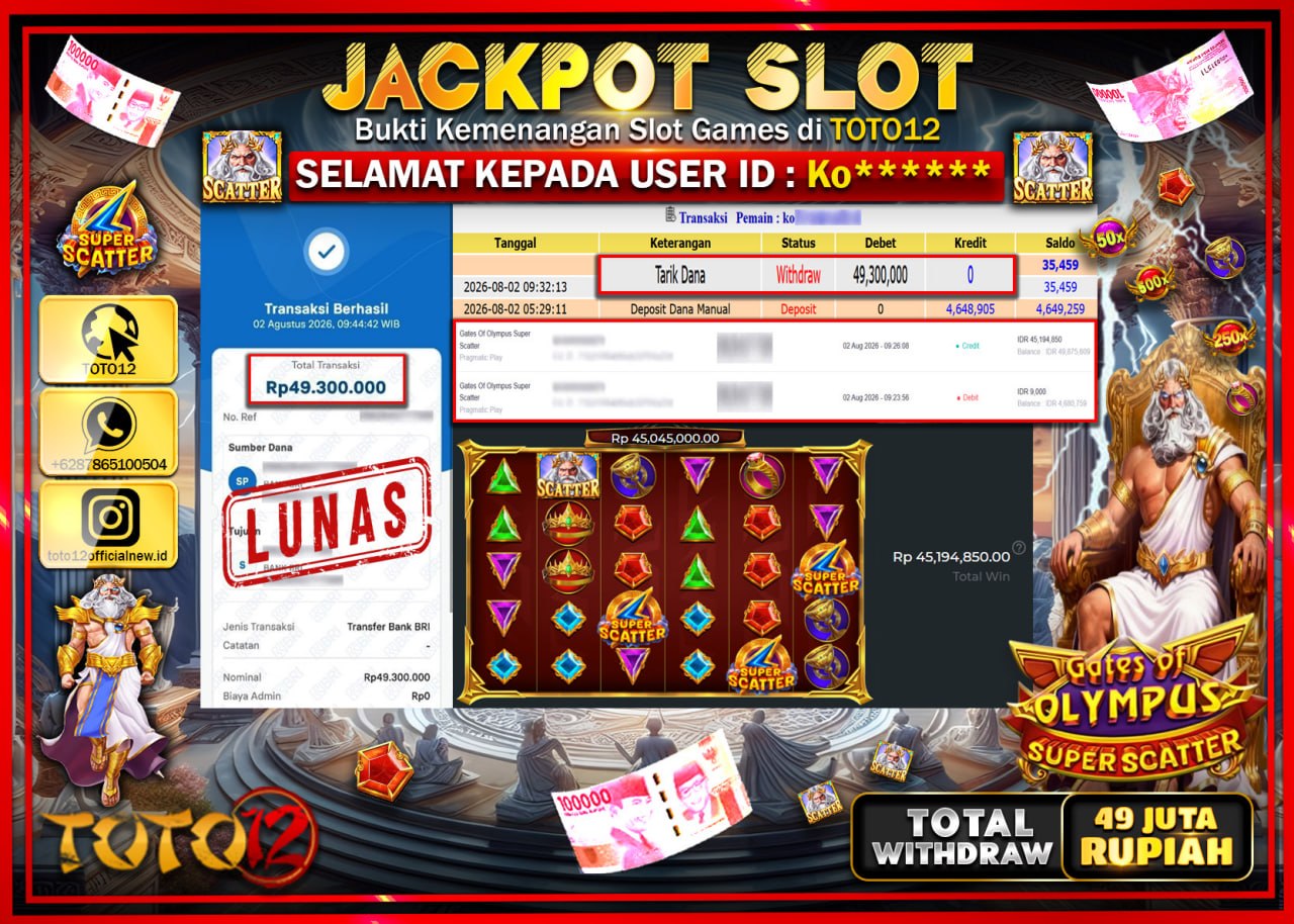 HANYA DI TOTO12 JP PASTI DI BAYAR LUNAS DAN CEPAT!!!!!! JACKPOT SLOT GAME (GATES OF OLYMPUS SUPER SCATTER) Rp49.300.000!!!!