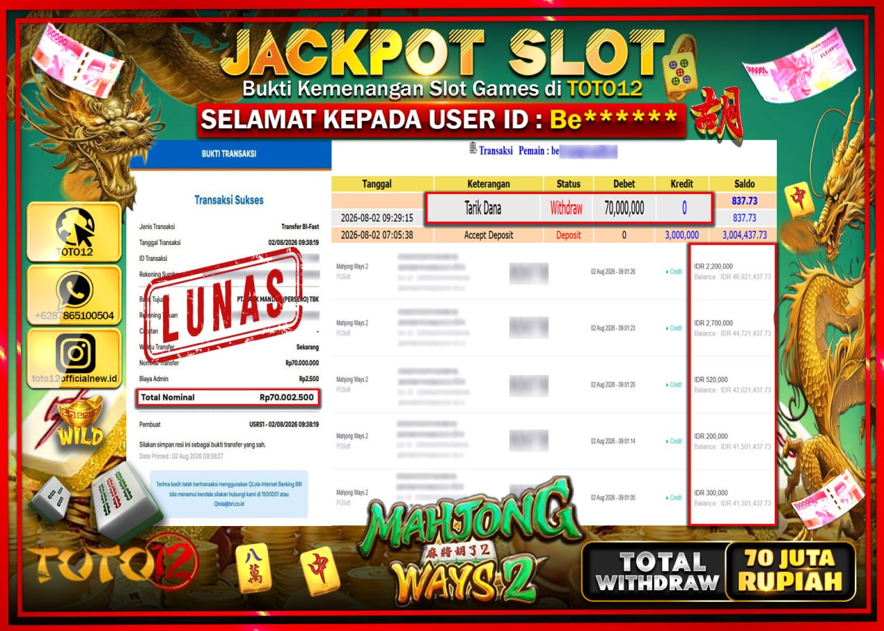 HANYA DI TOTO12 JP PASTI DI BAYAR LUNAS DAN CEPAT!!!!!! JACKPOT SLOT GAME (MAHJONG WAYS 2) Rp70.000.000!!!!