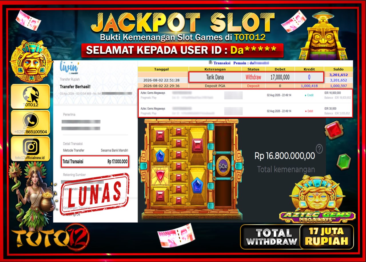 HANYA DI TOTO12 JP PASTI DI BAYAR LUNAS DAN CEPAT!!!!!! JACKPOT SLOT GAME (AZTEC GEMS MEGAWAYS) Rp17.000.000!!!!