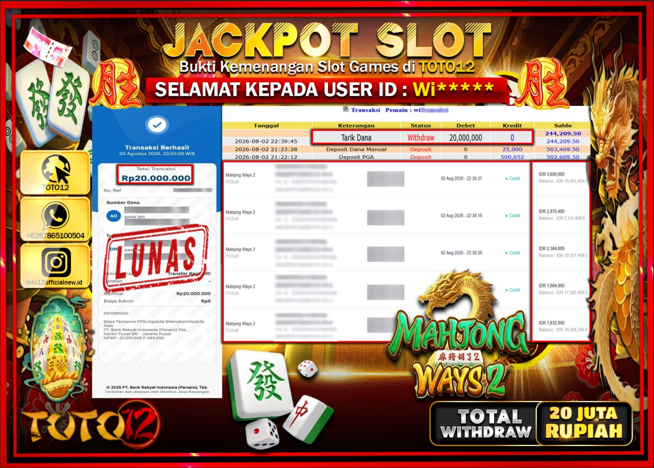 HANYA DI TOTO12 JP PASTI DI BAYAR LUNAS DAN CEPAT!!!!!! JACKPOT SLOT GAME (MAHJONG WAYS 2) Rp20.000.000!!!!