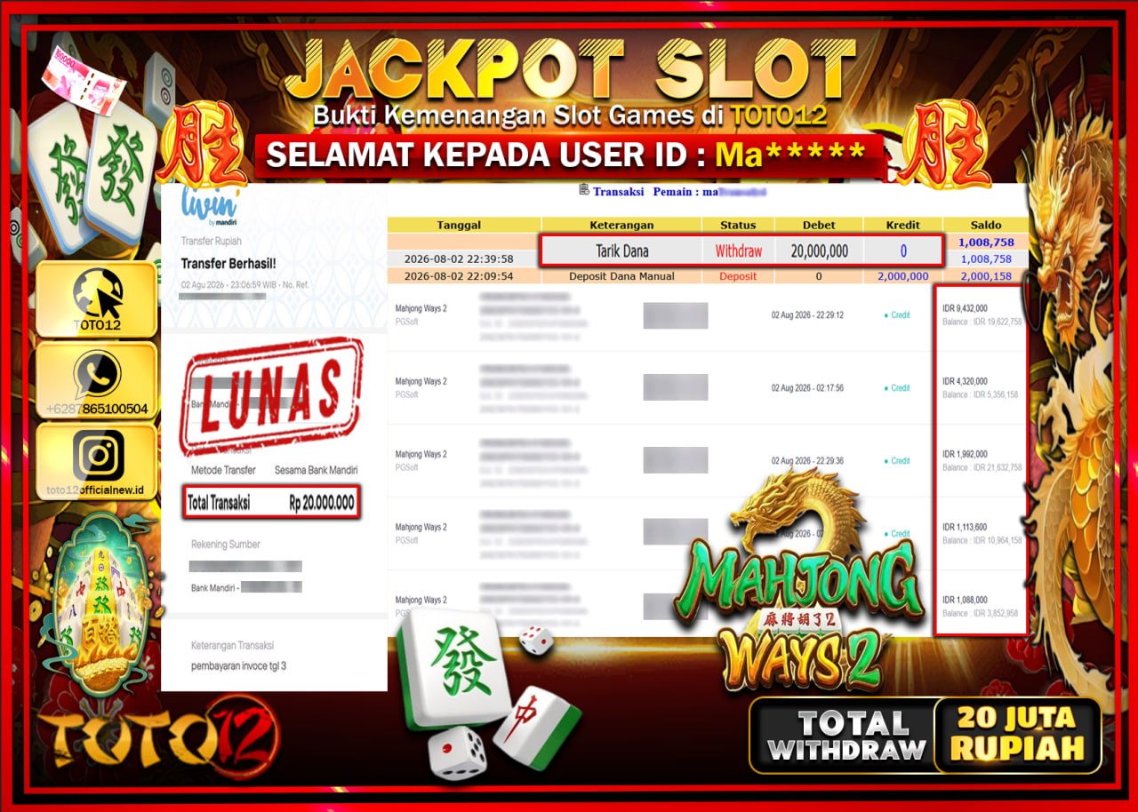 HANYA DI TOTO12 JP PASTI DI BAYAR LUNAS DAN CEPAT!!!!!! JACKPOT SLOT GAME (MAHJONG WAYS 2) Rp20.000.000!!!!
