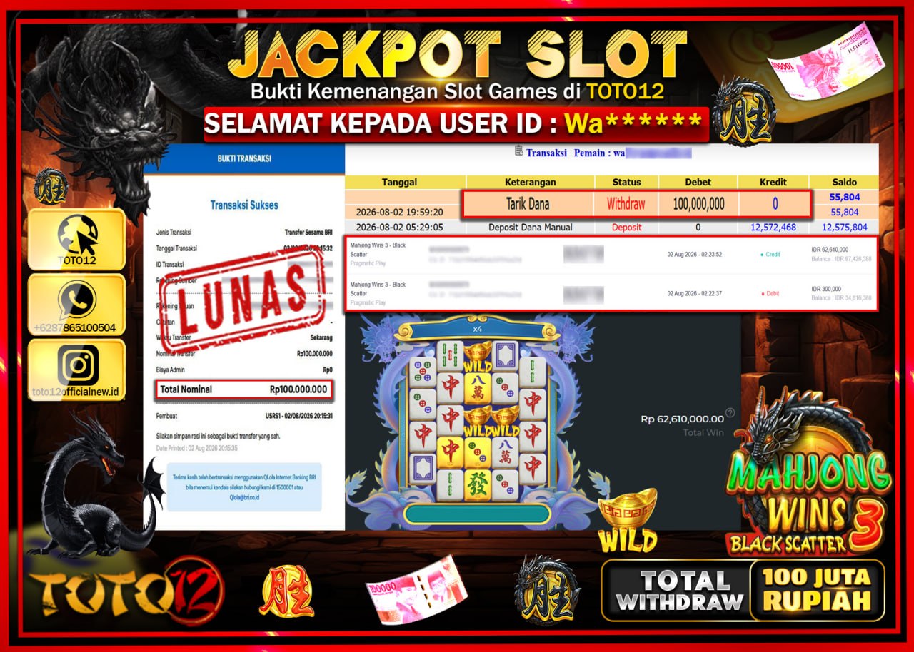 HANYA DI TOTO12 JP PASTI DI BAYAR LUNAS DAN CEPAT!!!!!! JACKPOT SLOT GAME (MAHJONG WINS 3 BLACK SCATTER) Rp100.000.000!!!!