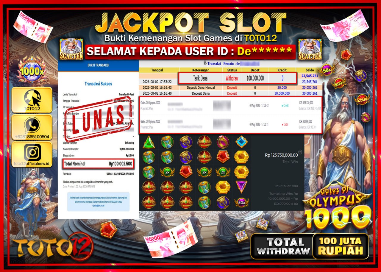 HANYA DI TOTO12 JP PASTI DI BAYAR LUNAS DAN CEPAT!!!!!! JACKPOT SLOT GAME (GATES OF OLYMPUS 1000) Rp100.000.000!!!!