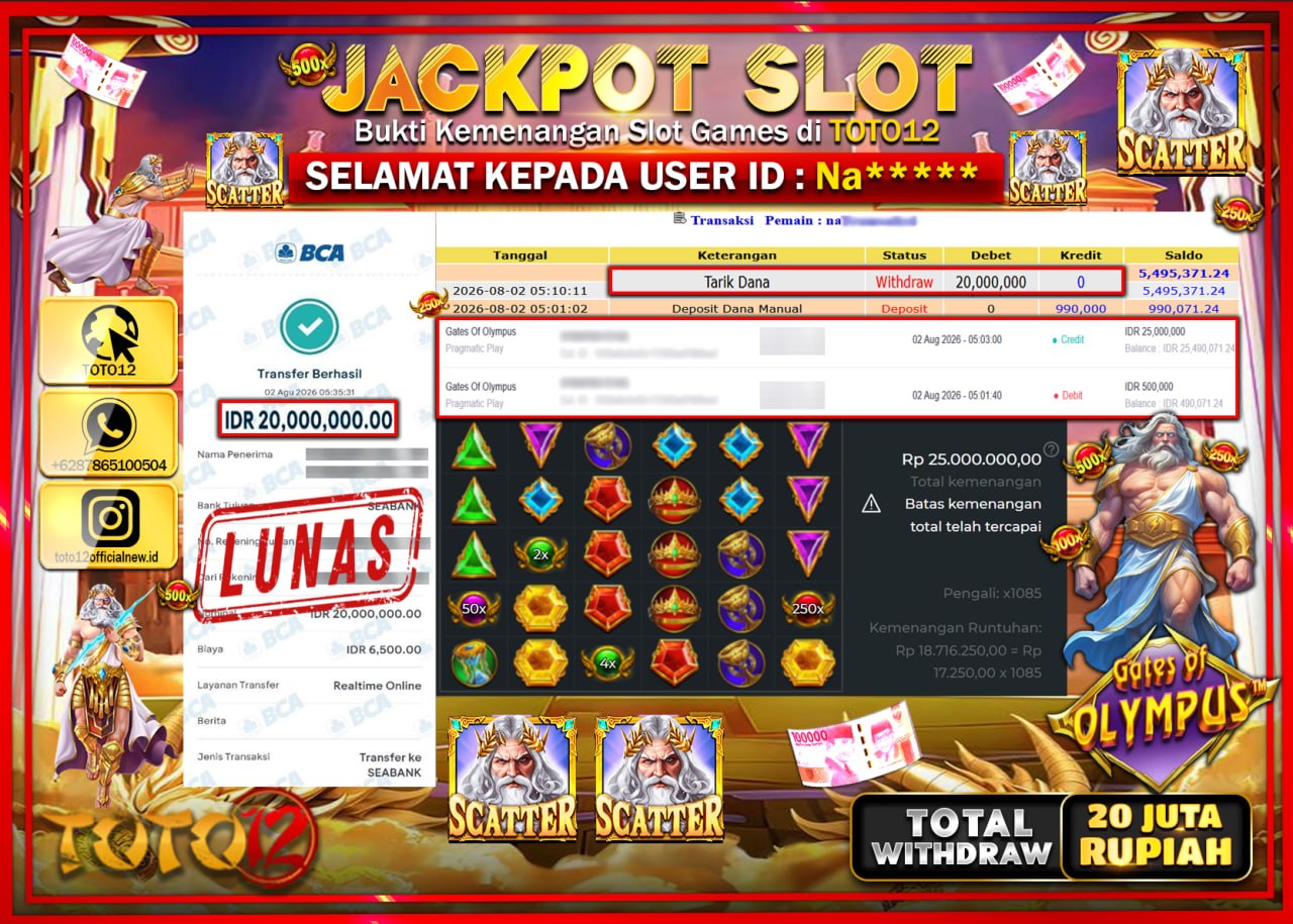 HANYA DI TOTO12 JP PASTI DI BAYAR LUNAS DAN CEPAT!!!!!! JACKPOT SLOT GAME (GATES OF OLYMPUS) Rp20.000.000!!!!