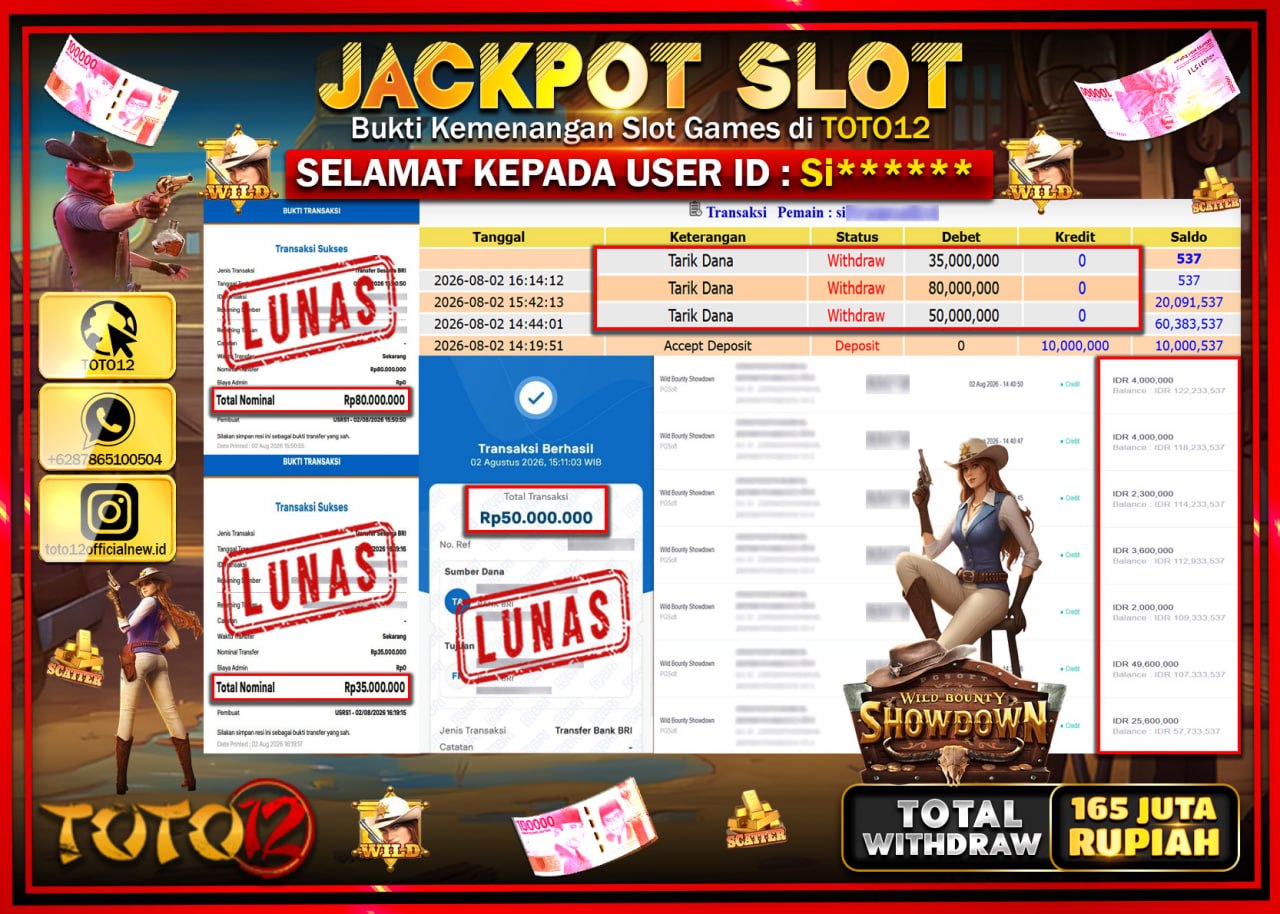 HANYA DI TOTO12 JP PASTI DI BAYAR LUNAS DAN CEPAT!!!!!! JACKPOT SLOT GAME (WILD BOUNTY SHOWDOWN) Rp165.000.000!!!!