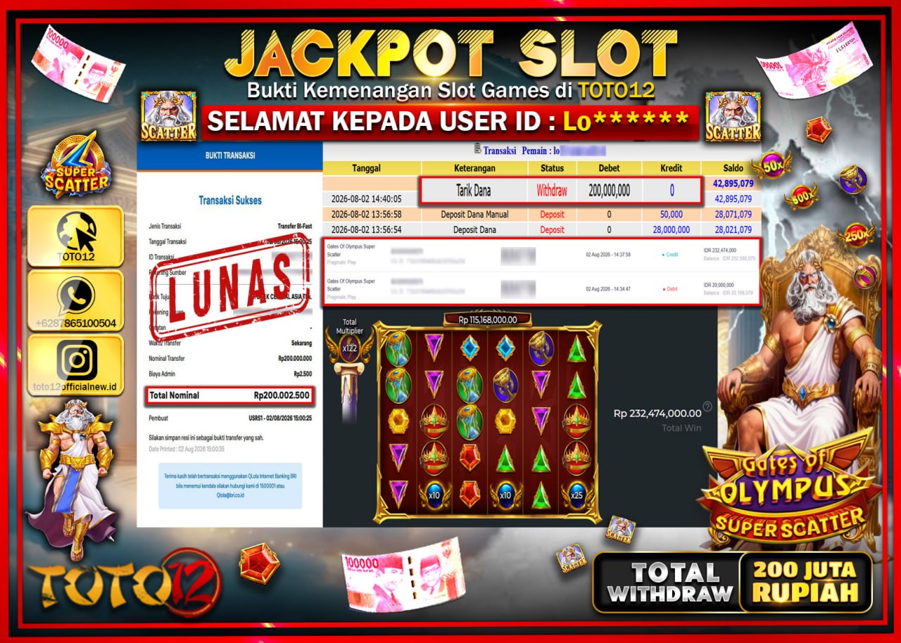 HANYA DI TOTO12 JP PASTI DI BAYAR LUNAS DAN CEPAT!!!!!! JACKPOT SLOT GAME (GATES OF OLYMPUS SUPER SCATTER) Rp200.000.000!!!!