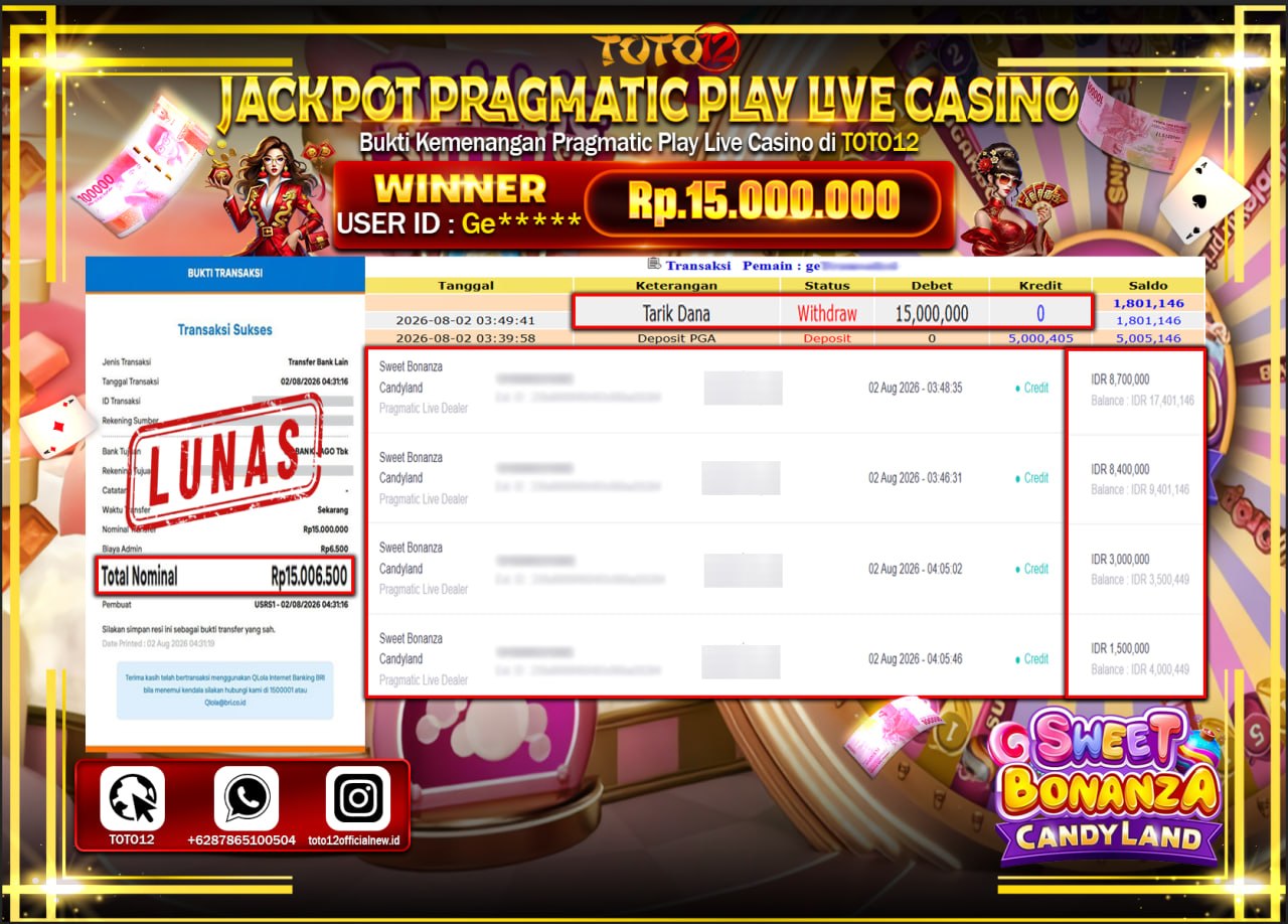 HANYA DI TOTO12 JP PASTI DI BAYAR LUNAS DAN CEPAT!!!!!! JACKPOT PRAGMATIC PLAY LIVE GAME CASINO (SWEET BONANZA CANDYLAND) Rp15.000.000!!!!