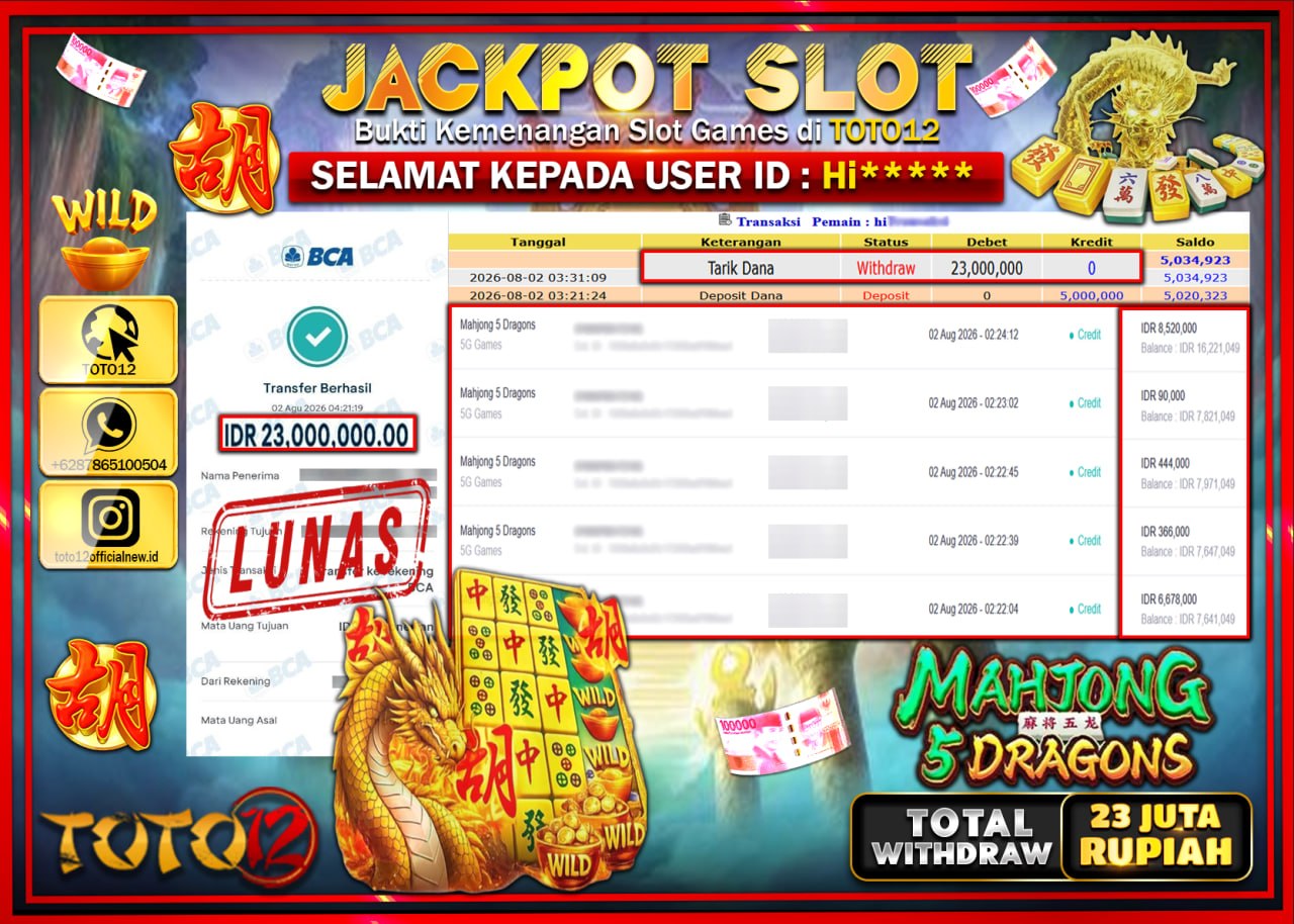 HANYA DI TOTO12 JP PASTI DI BAYAR LUNAS DAN CEPAT!!!!!! JACKPOT SLOT GAME (MAHJONG WAYS 5 DRAGONS) Rp23.000.000!!!!