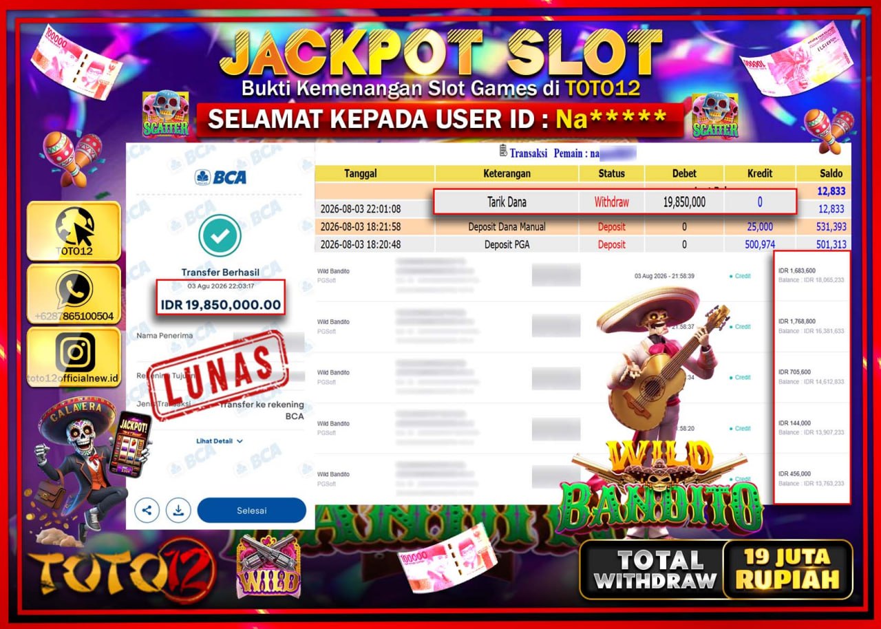 HANYA DI TOTO12 JP PASTI DI BAYAR LUNAS DAN CEPAT!!!!!! JACKPOT SLOT GAME (WILD BANDITO) Rp19.850.000!!!!