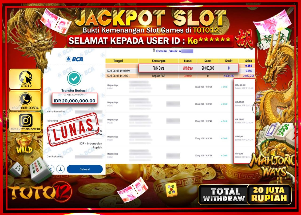 HANYA DI TOTO12 JP PASTI DI BAYAR LUNAS DAN CEPAT!!!!!! JACKPOT SLOT GAME (MAHJONG WAYS) Rp20.000.000!!!!