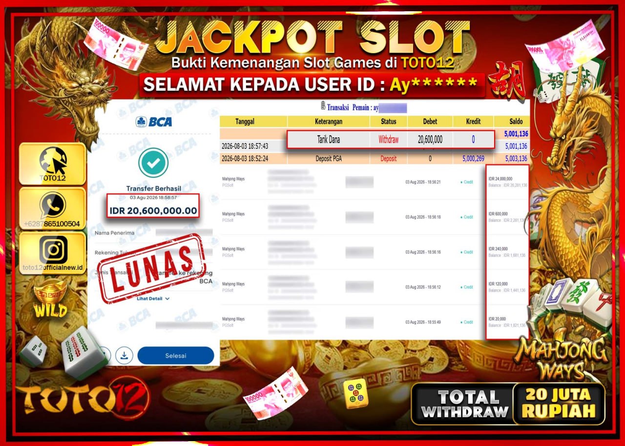 HANYA DI TOTO12 JP PASTI DI BAYAR LUNAS DAN CEPAT!!!!!! JACKPOT SLOT GAME (MAHJONG WAYS) Rp20.600.000!!!!