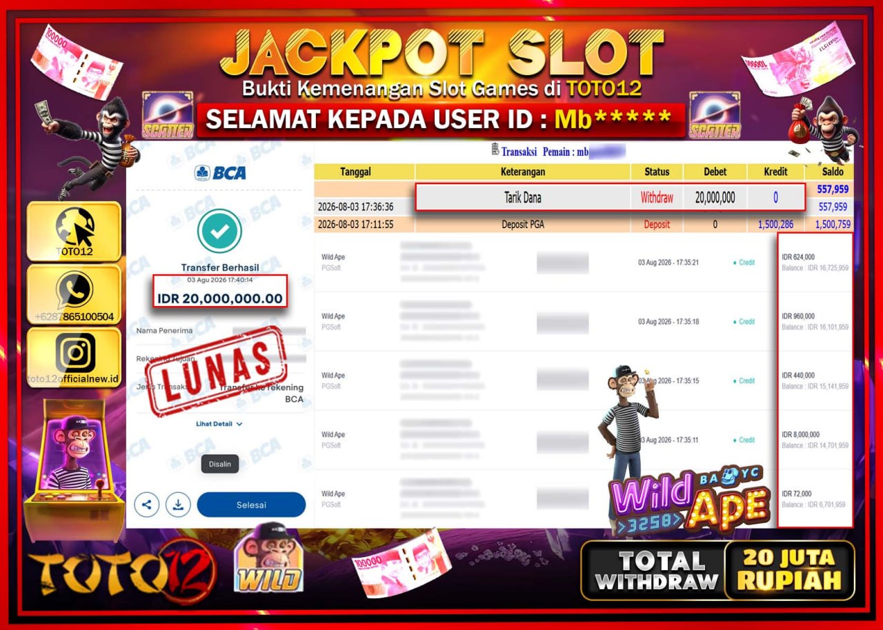 HANYA DI TOTO12 JP PASTI DI BAYAR LUNAS DAN CEPAT!!!!!! JACKPOT SLOT GAME (WILD APE) Rp20.000.000!!!!