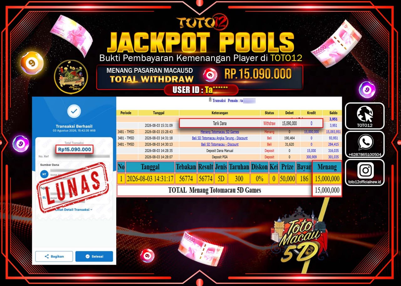 HANYA DI TOTO12 JP PASTI DI BAYAR LUNAS DAN CEPAT!!!!!! JACKPOT POOLS PASARAN (MACAU 5D) Rp15.090.000!!!!