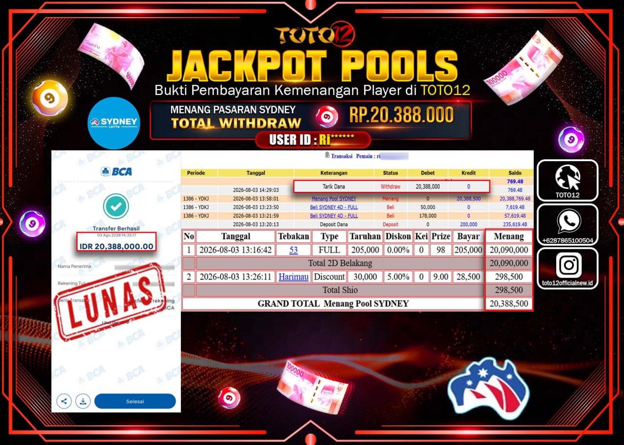 HANYA DI TOTO12 JP PASTI DI BAYAR LUNAS DAN CEPAT!!!!!! JACKPOT POOLS PASARAN (SYDEY) Rp20.388.000!!!!