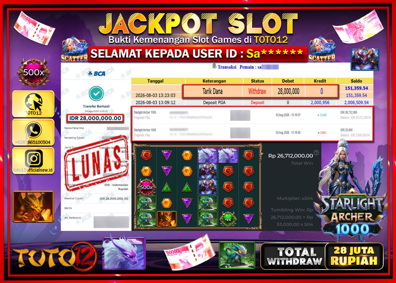 HANYA DI TOTO12 JP PASTI DI BAYAR LUNAS DAN CEPAT!!!!!! JACKPOT SLOT GAME (STARLIGHT ARCHER 1000) Rp28.000.000!!!!