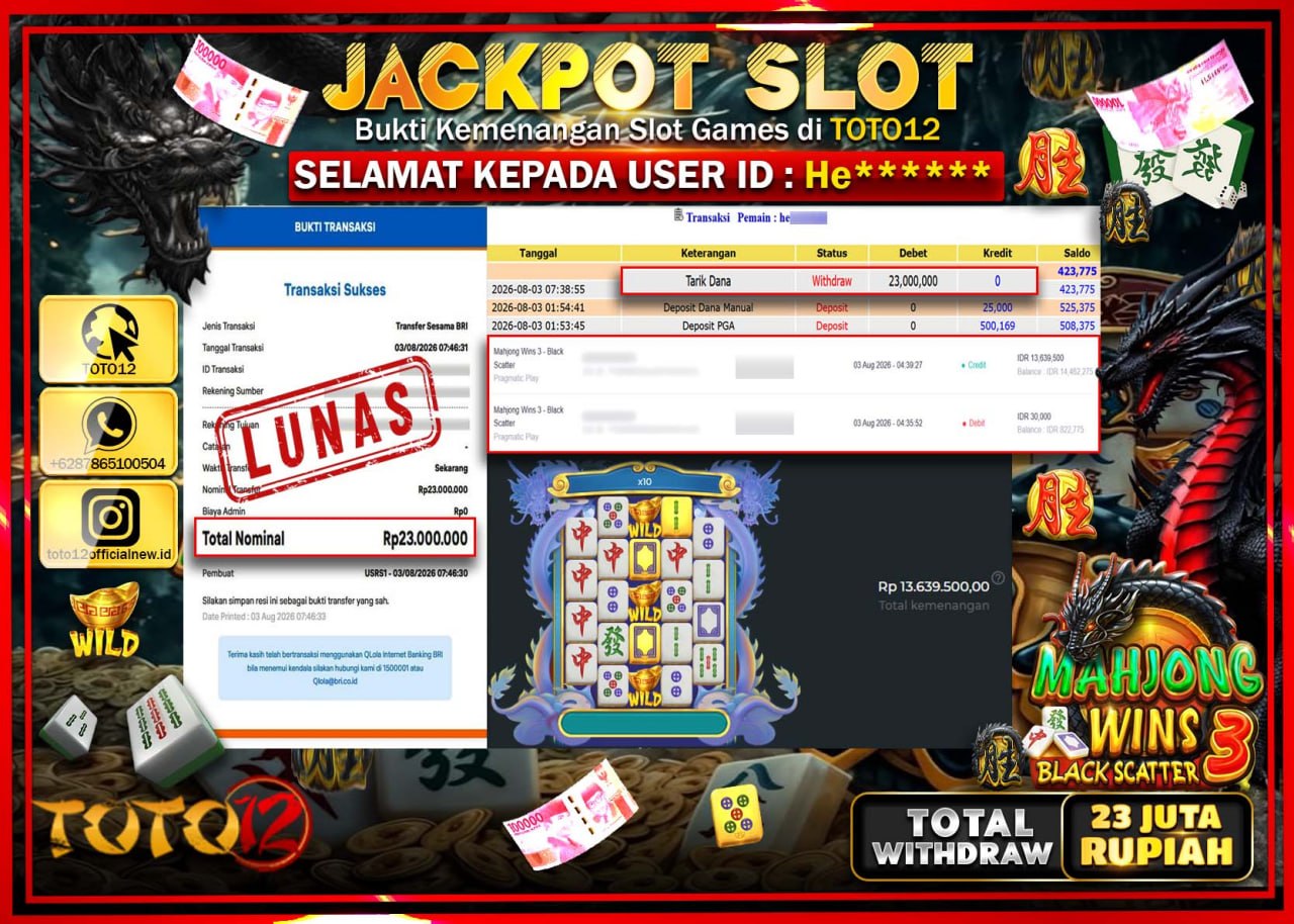 HANYA DI TOTO12 JP PASTI DI BAYAR LUNAS DAN CEPAT!!!!!! JACKPOT SLOT GAME (MAHJONG WINS 3 BLACK SCATTER) Rp23.000.000!!!!