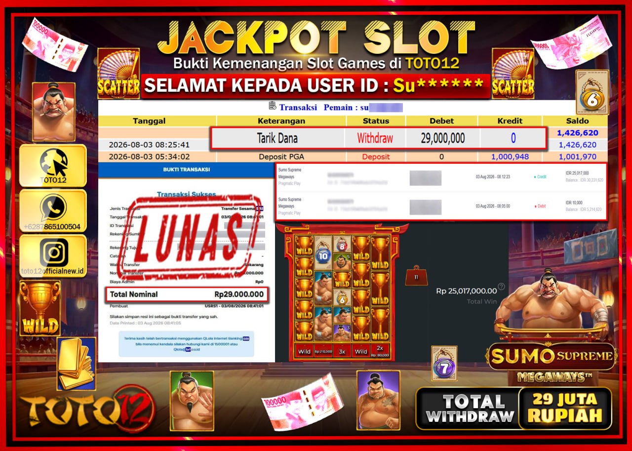 HANYA DI TOTO12 JP PASTI DI BAYAR LUNAS DAN CEPAT!!!!!! JACKPOT SLOT GAME (SUMO SUPREME MEGAWAYS) Rp29.000.000!!!!