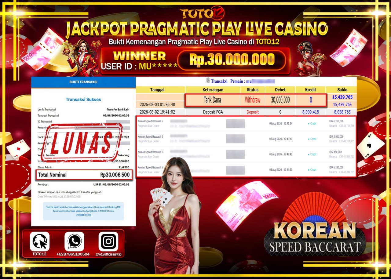 HANYA DI TOTO12 JP PASTI DI BAYAR LUNAS DAN CEPAT!!!!!! JACKPOT PRAGMATIC PLAY LIVE GAME CASINO (KOREAN SPEED BACCARAT) Rp30.000.000!!!!