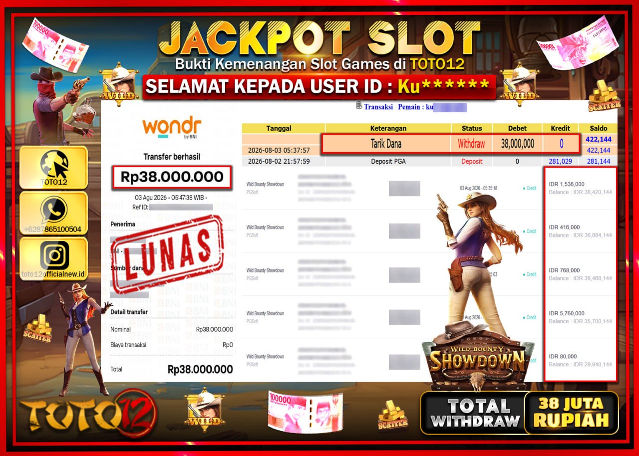 HANYA DI TOTO12 JP PASTI DI BAYAR LUNAS DAN CEPAT!!!!!! JACKPOT SLOT GAME (WILD BOUNTY SHOWDOWN) Rp38.000.000!!!!